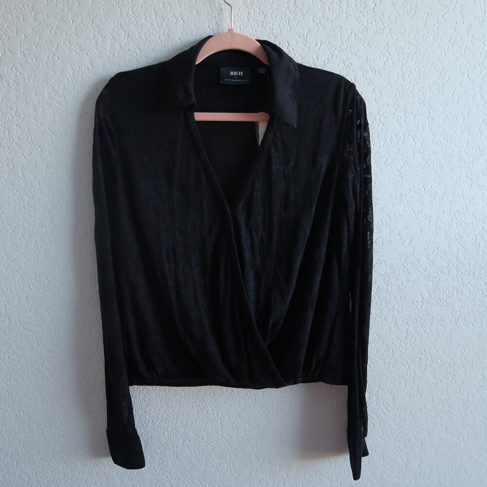 Anthropologie Maeve Black Long-Sleeve Wrap Blouse Size Small Floral Jacquard - Picture 2 of 8